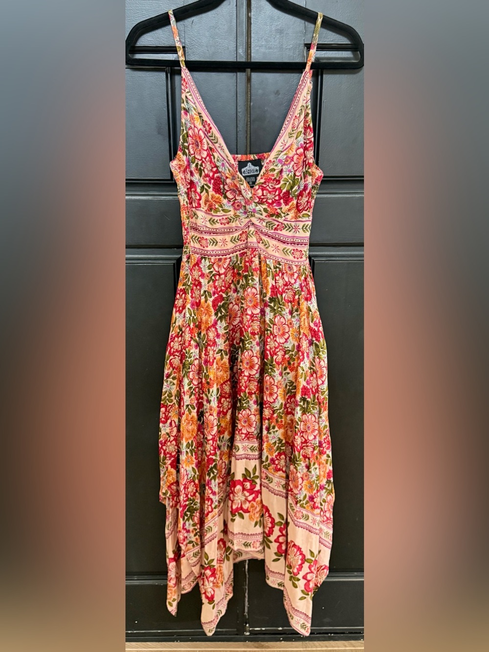 Angie Floral Keyhole Handkerchief Hem Boho Maxi Dress Size M Pink